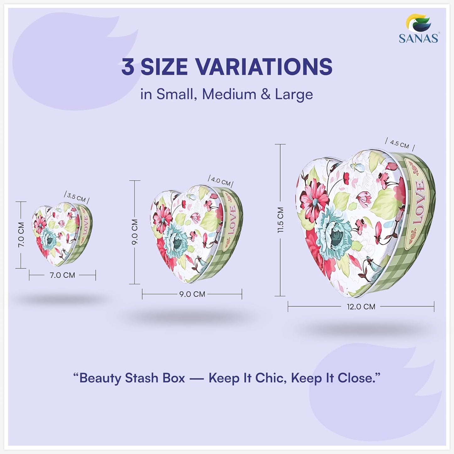 Sanas Heart Shaped Tin Box Storage Floral Full Print Set of 3