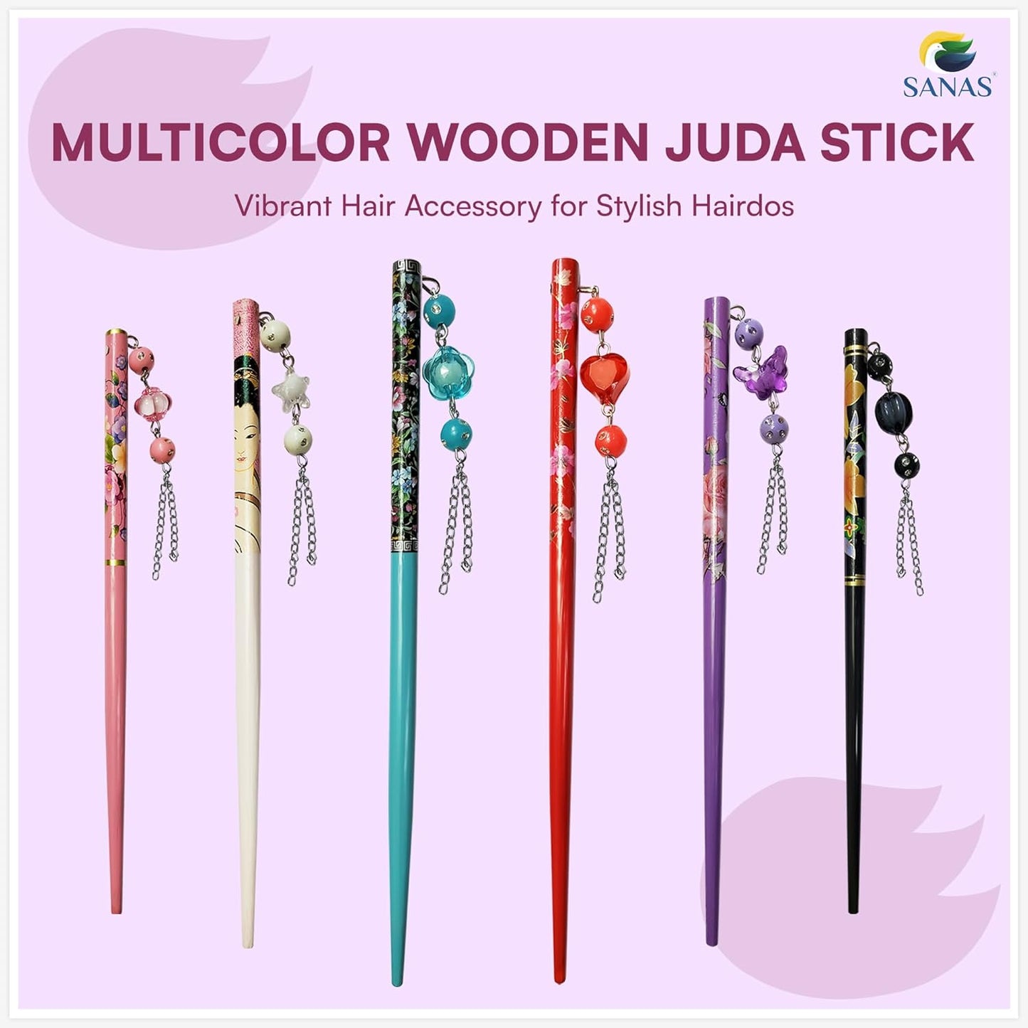 Multicolored wooden Juda sticks with decorative beads on a pink background, featuring the brand 'SANAS'.