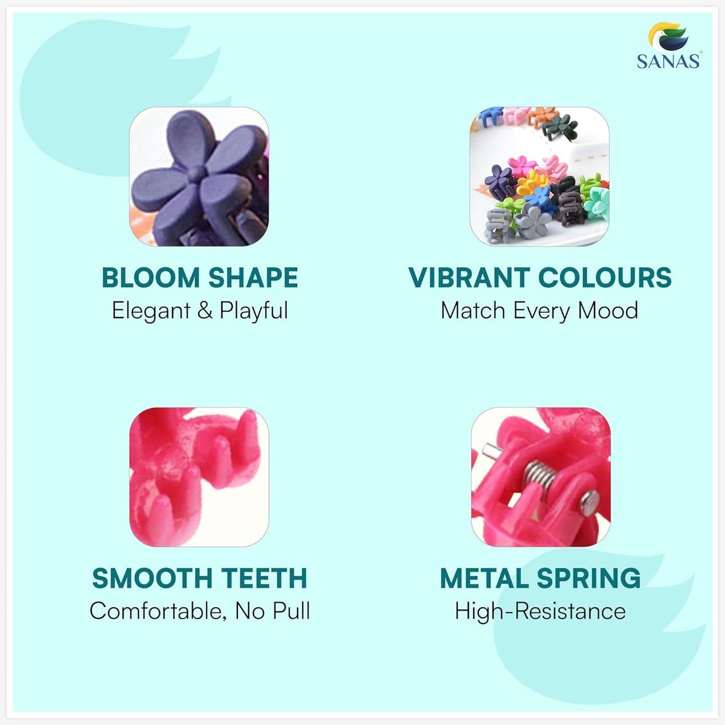 Product features with images and text on a light blue background - Mini flower claw clips for girls daily hairstyles and ponytails