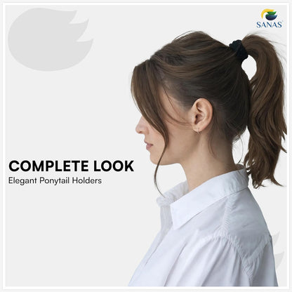 Woman with a ponytail wearing an elegant ponytail holder, with 'SANAS' branding.
