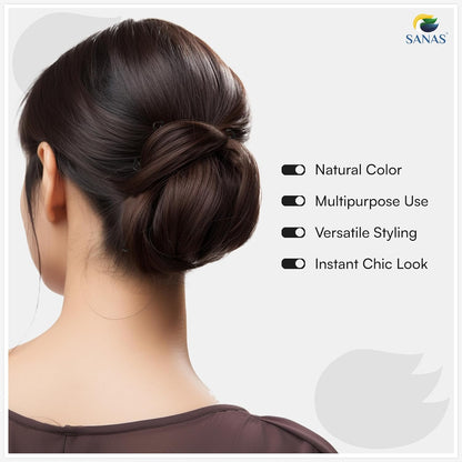 Woman with styled hair bun on a white background with SANAS branding