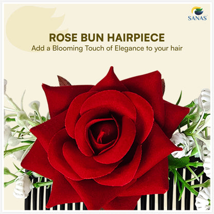 Sanas (3Pcs) Artificial Flower For Hair Bun Accessories For Women Stylish Artificial Gajra For Hair Brooch For Women Traditional Red Rose Juda Accessories For Woman (Pure Mogra & Rose Texture) (3Pcs)