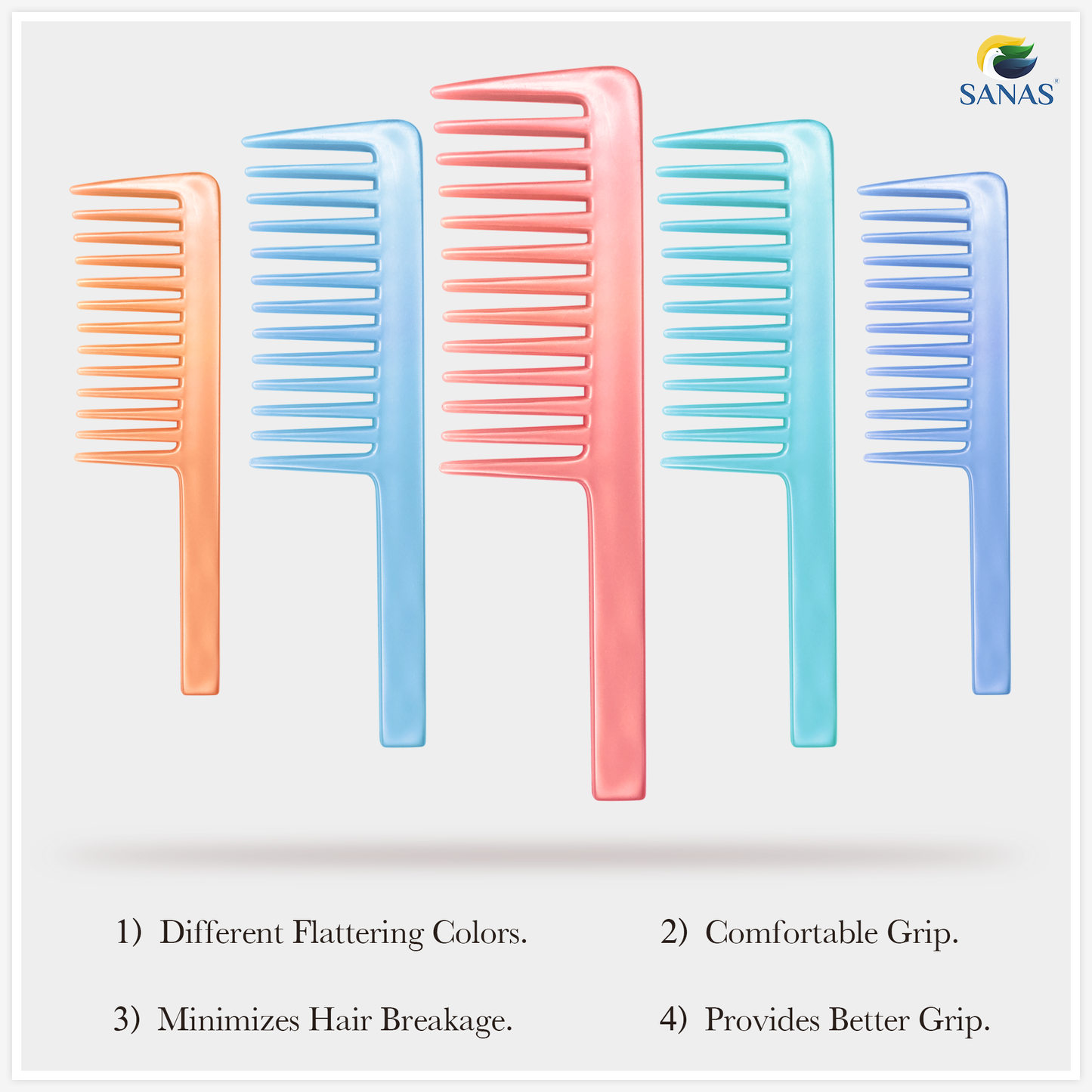 Sanas Wide Teeth Shower Shampoo Comb 2Pcs Assorted Colours