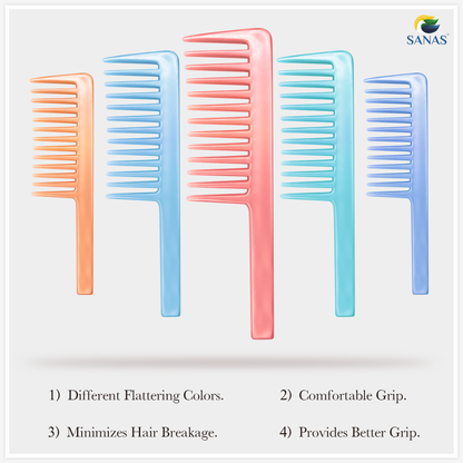 Sanas Wide Teeth Shower Shampoo Comb 2Pcs Assorted Colours