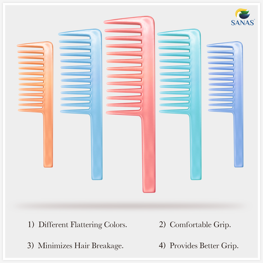 Sanas Wide Teeth Shower Shampoo Comb 2Pcs Assorted Colours