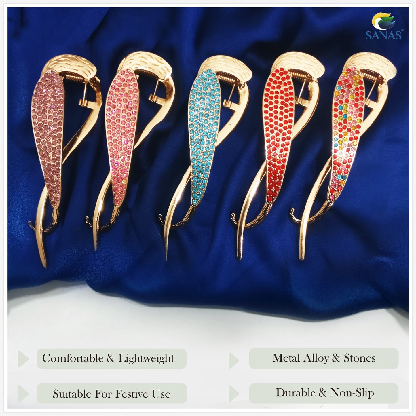 Sanas Multicolor Diamond Banana Clip - 6Pcs