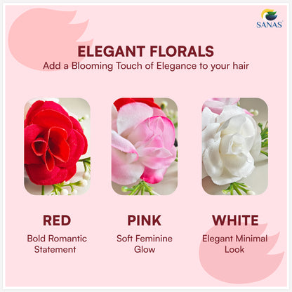 Sanas (2Pcs) Rose Clips For Women Stylish Artificial Flower For Hair Accessories For Woman Wedding Alligator Hair Clips For Girls Hair Flower Accessories For Women (Fancy Red, Pink, White Rose) (2Pcs)