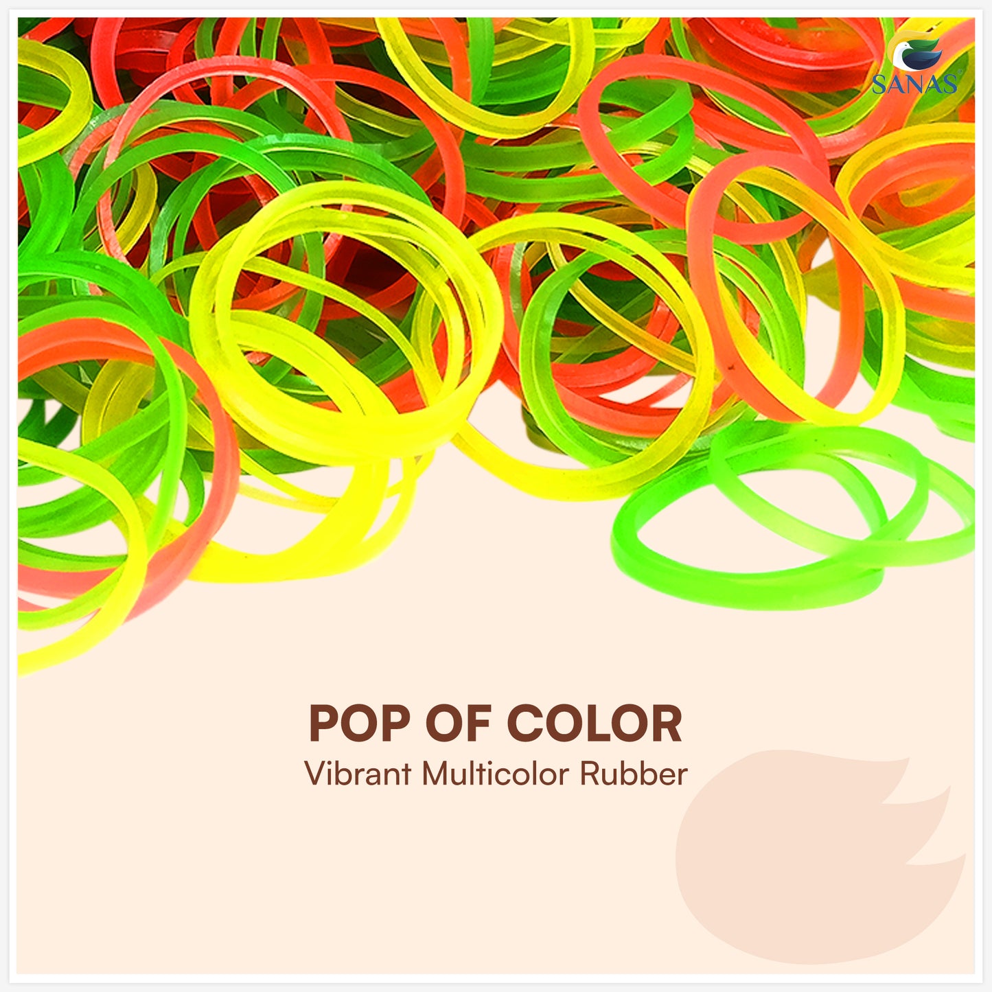 Colorful rubber bands with 'Pop of Color' text on a beige background