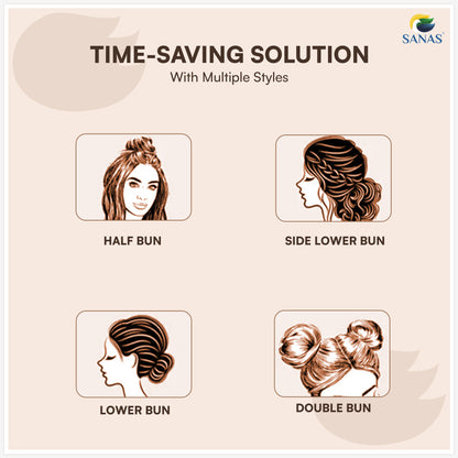 Illustrations of different hair bun styles with 'SANAS' branding on a beige background.