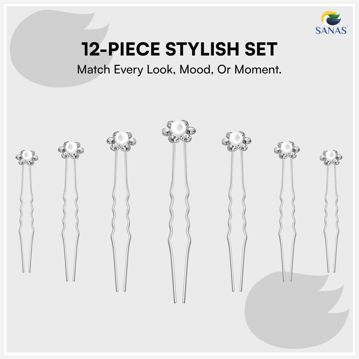 Sanas Pearl Juda Pin Set – CR Silver Bun & Updo Hair Accessories – 12 Pcs