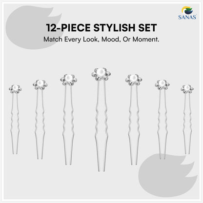 Sanas Pearl Juda Pin Set – CR Silver Bun & Updo Hair Accessories – 12 Pcs