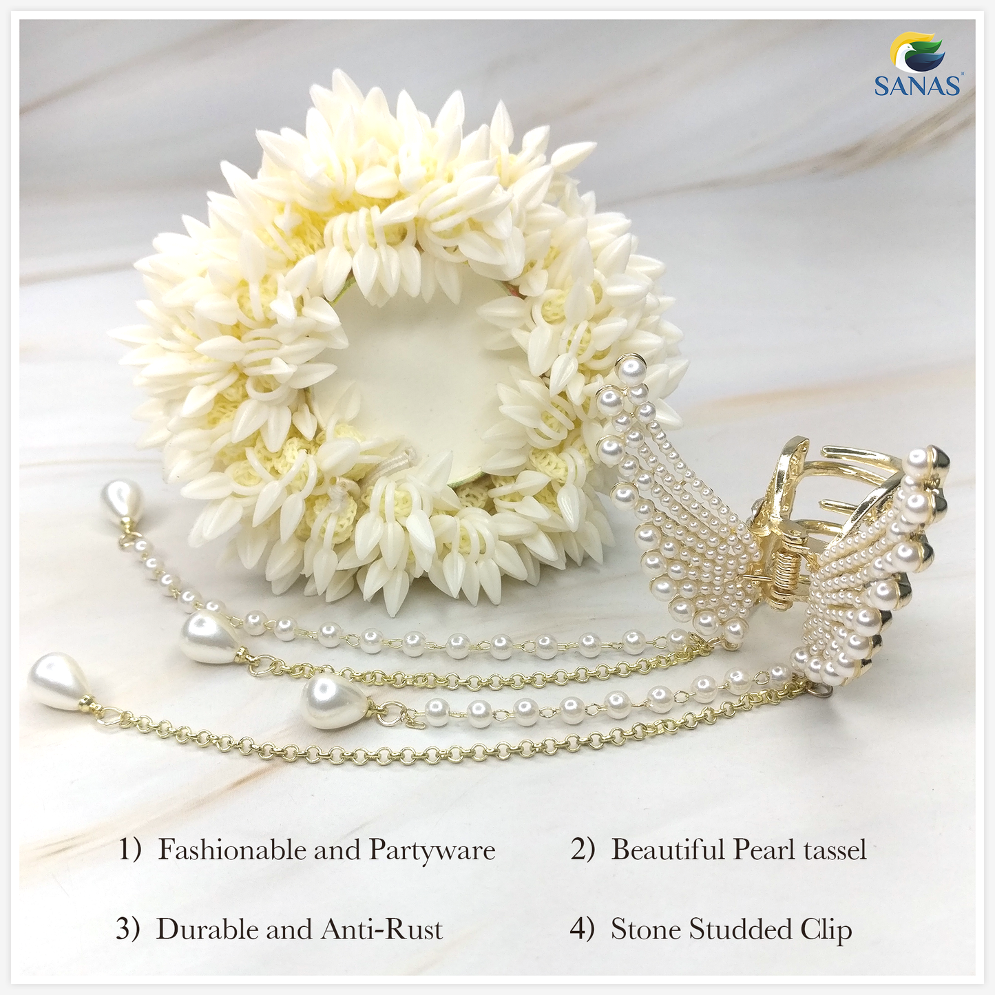 White and gold artificial mogra scrunchie for bridal wear