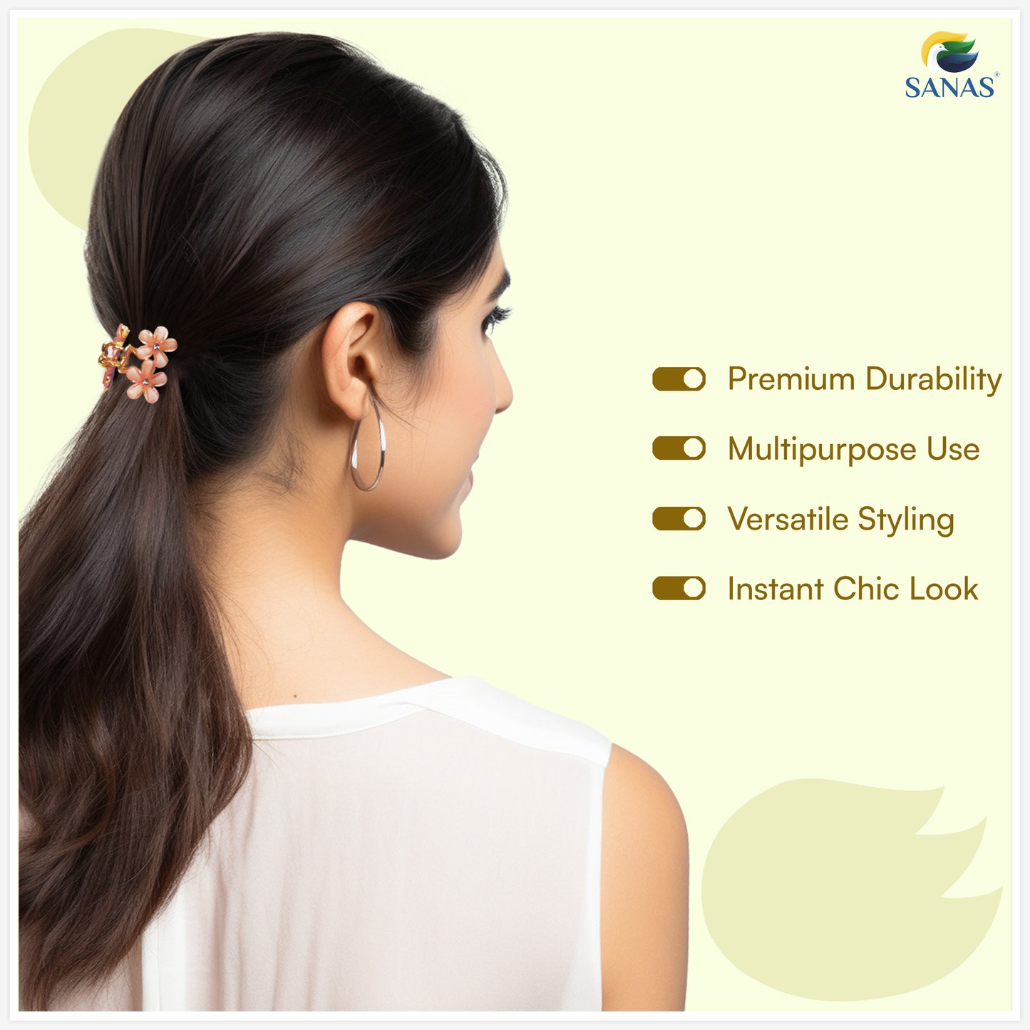 Woman with styled hair featuring a hair accessory, with SANAS branding and product features listed.