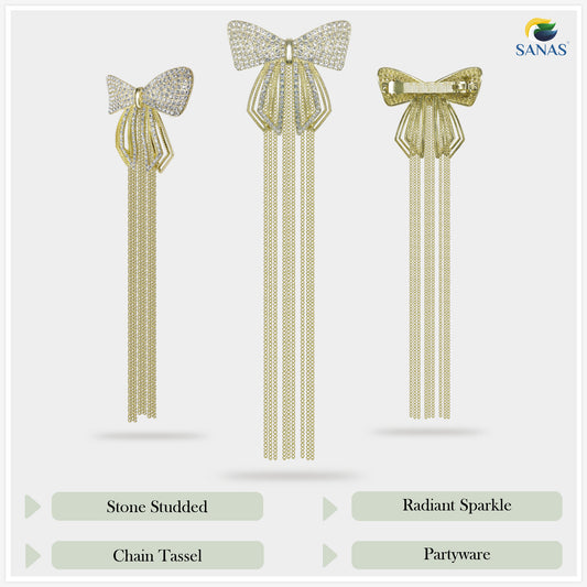 Sanas Rhinestone Bow Knot Tassel Clip 1Pc