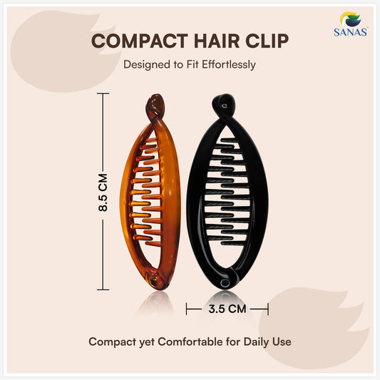 Compact hair clip with dimensions and branding on a beige background