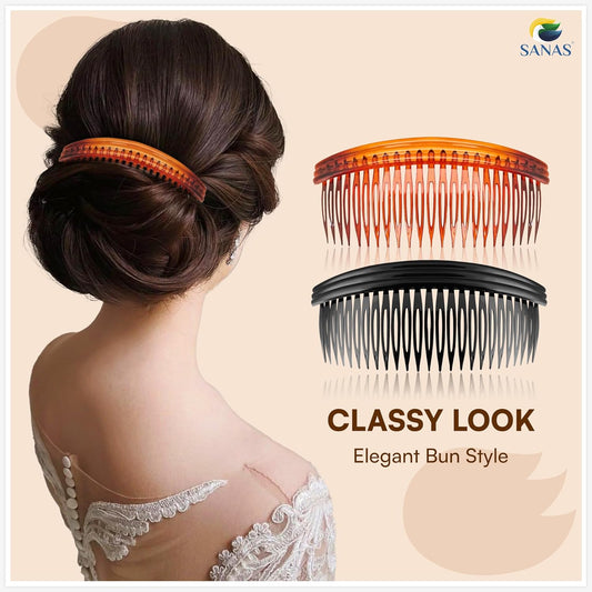 Hair bun with hair combs and 'Sanas' branding on a beige background
