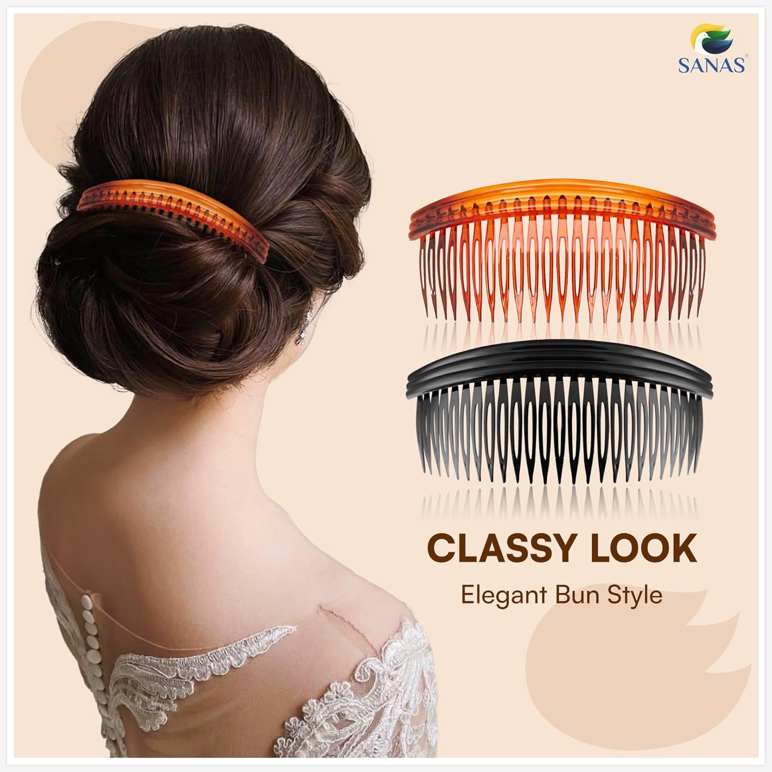 Hair bun with hair combs and 'Sanas' branding on a beige background