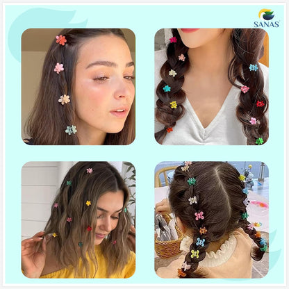 Collage of a woman with colorful hair clips in her hair, featuring the Sanas brand.