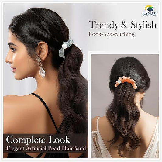 Woman with styled hair featuring an artificial pearl hairband, with 'SANAS' branding.