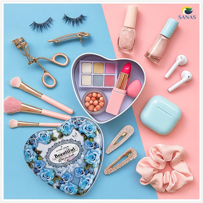 Sanas Heart Shaped Tin Box Storage Blue Frame Style Set of 3