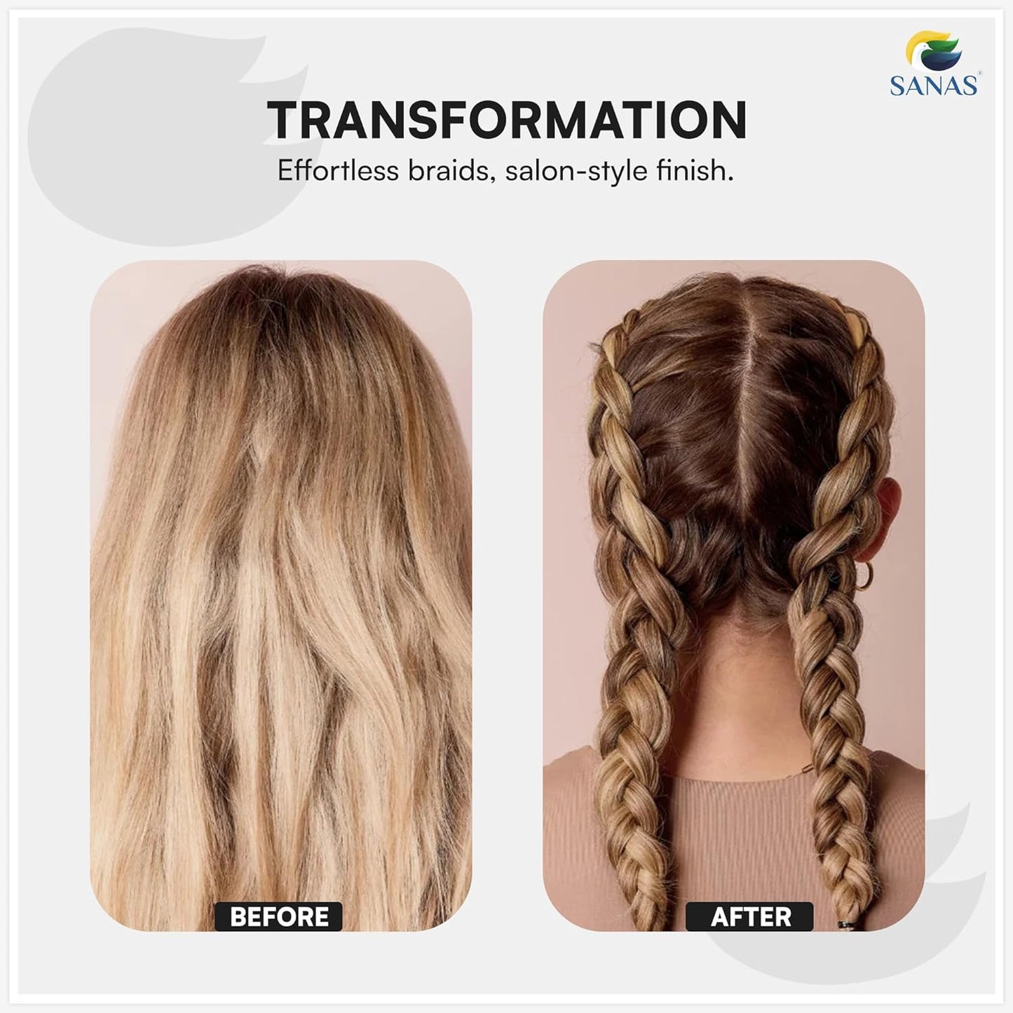 Hair braiding accessory for stylish braid hairstyles and buns , before after view - braider
