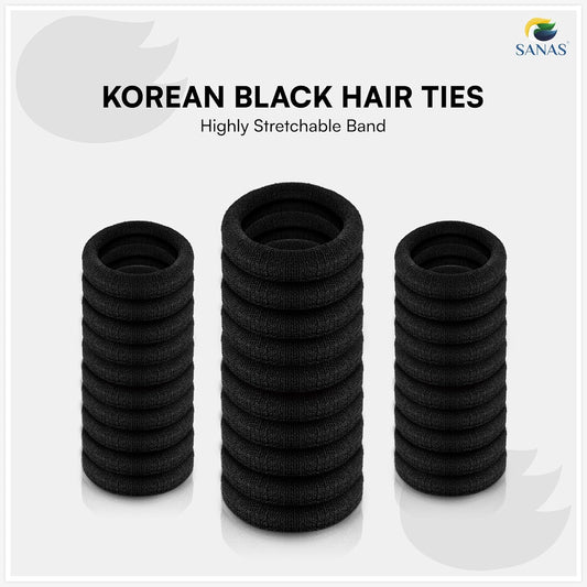 Three stacks of black hair ties with 'SANAS' branding on a white background