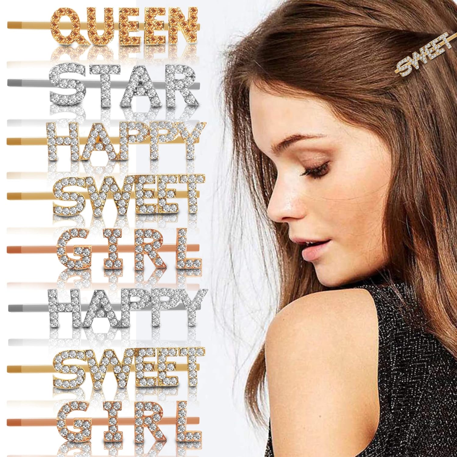 Set of decorative hair pins with text and a model wearing one in her hair.- Premium metal hair clips for women with crystal detailing