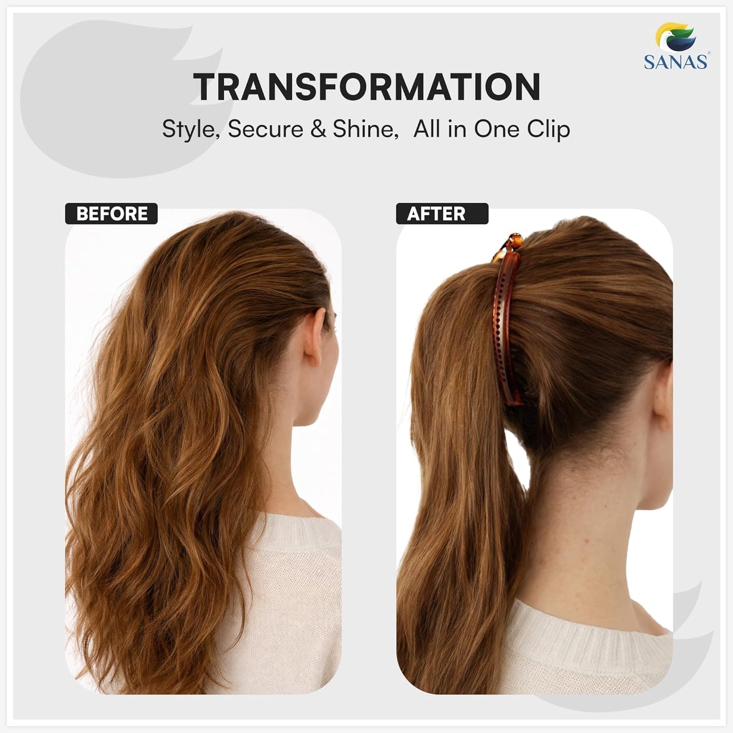 Before and after transformation of hair using a hair clip, with 'SANAS' branding.- Durable banana hair clip with 18 teeth secure hold design