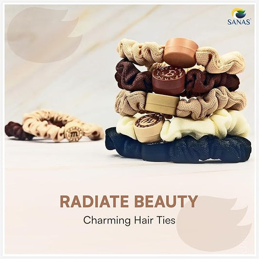 Stack of colorful hair ties with 'SANAS' branding and text 'Radiate Beauty Charming Hair Ties'.