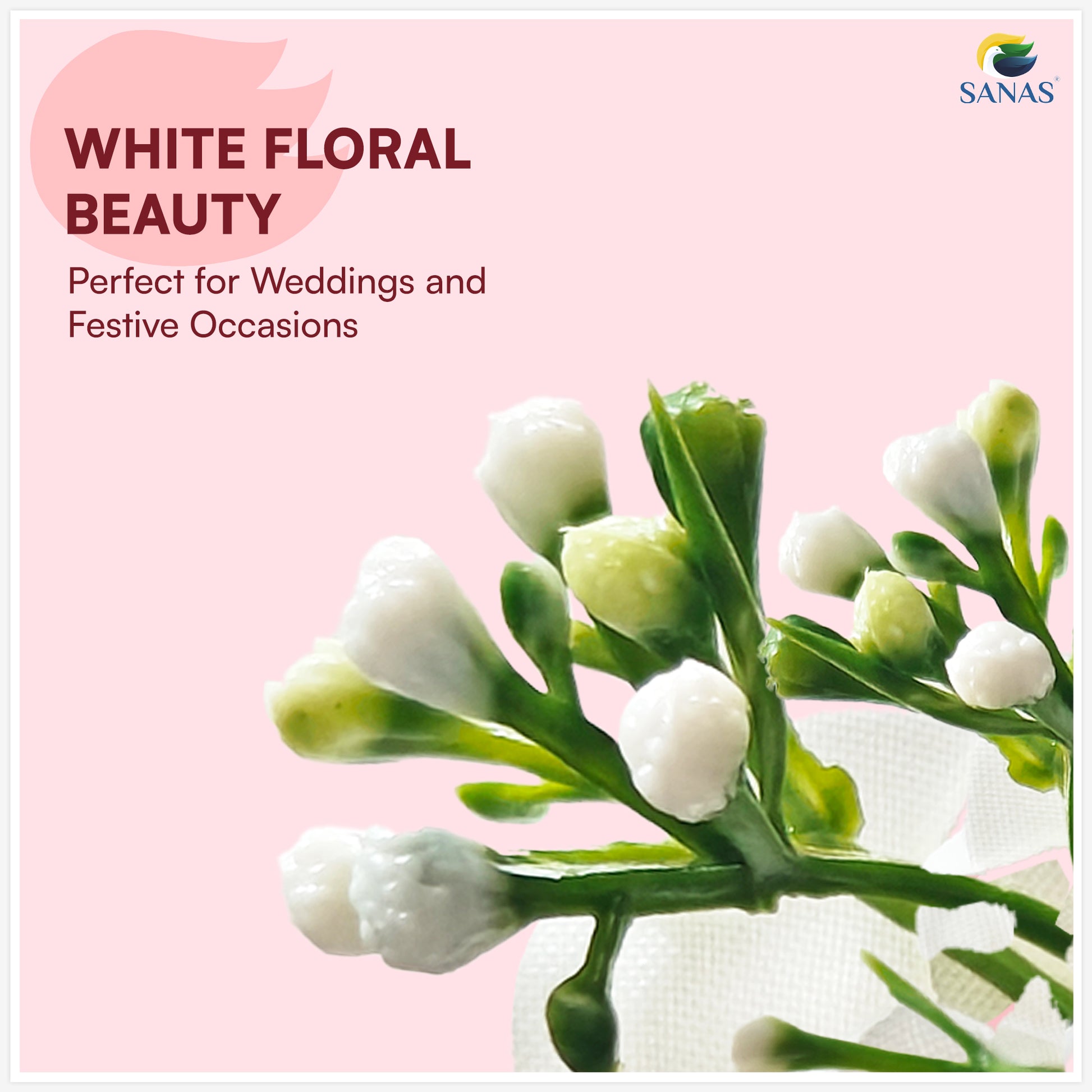 White floral beauty with green leaves on a pink background, featuring text about weddings and festive occasions.