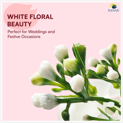 White floral beauty with green leaves on a pink background, featuring text about weddings and festive occasions.