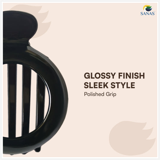 Black chair armrest with 'Glossy Finish Sleek Style' text on a beige background, featuring the Sanas brand.