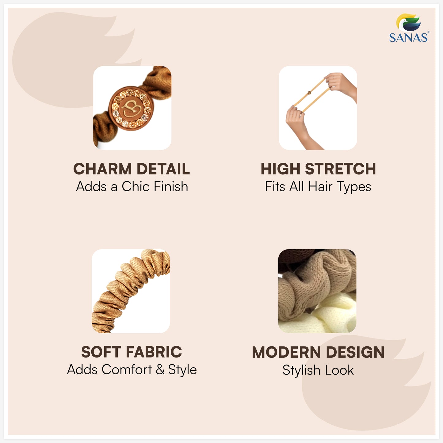 Elegant nude hair scrunchies with alphabet stone embellishments for everyday styling
