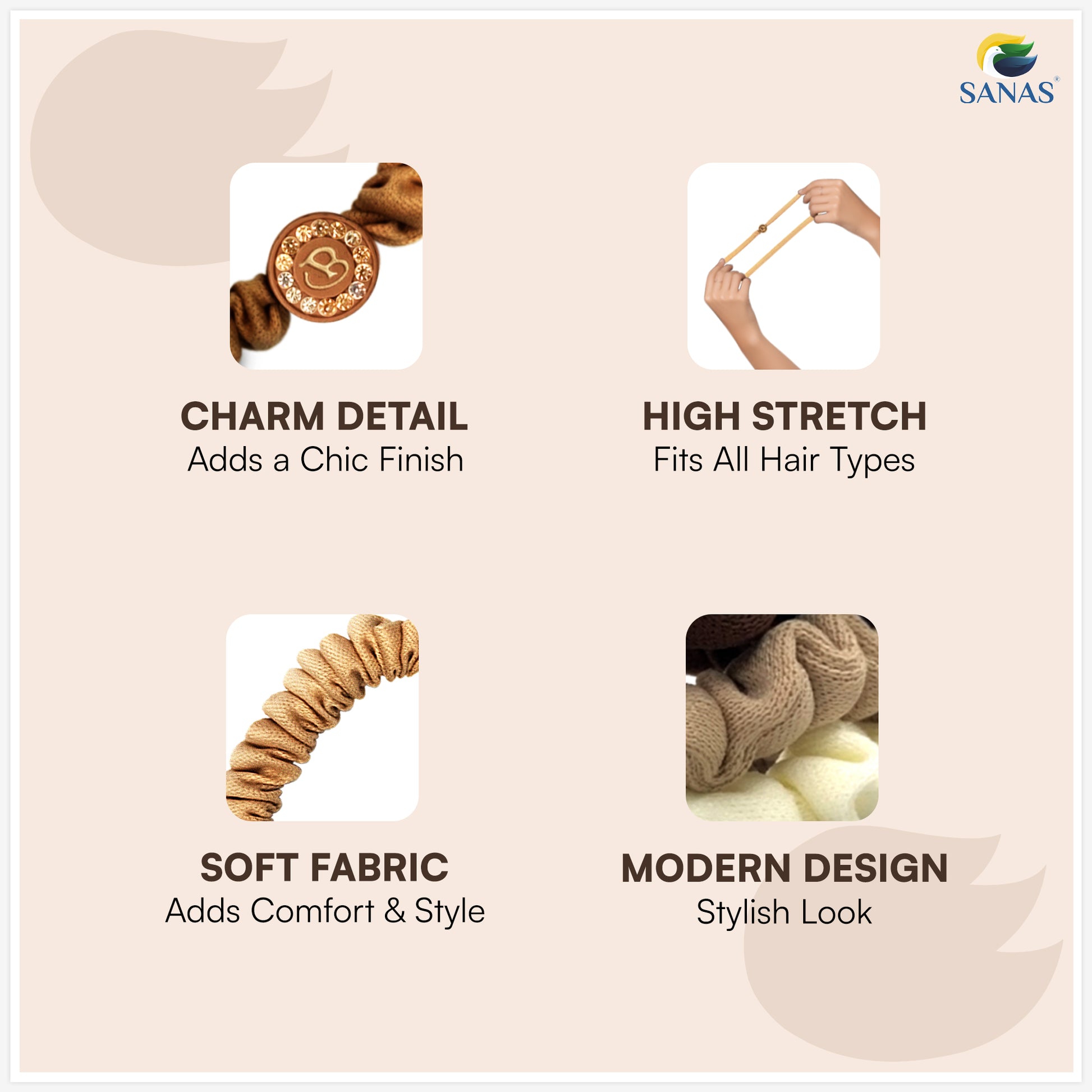 Elegant nude hair scrunchies with alphabet stone embellishments for everyday styling