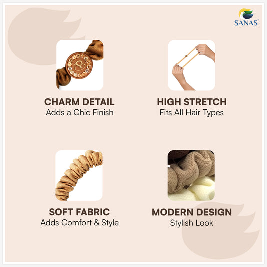 Elegant nude hair scrunchies with alphabet stone embellishments for everyday styling