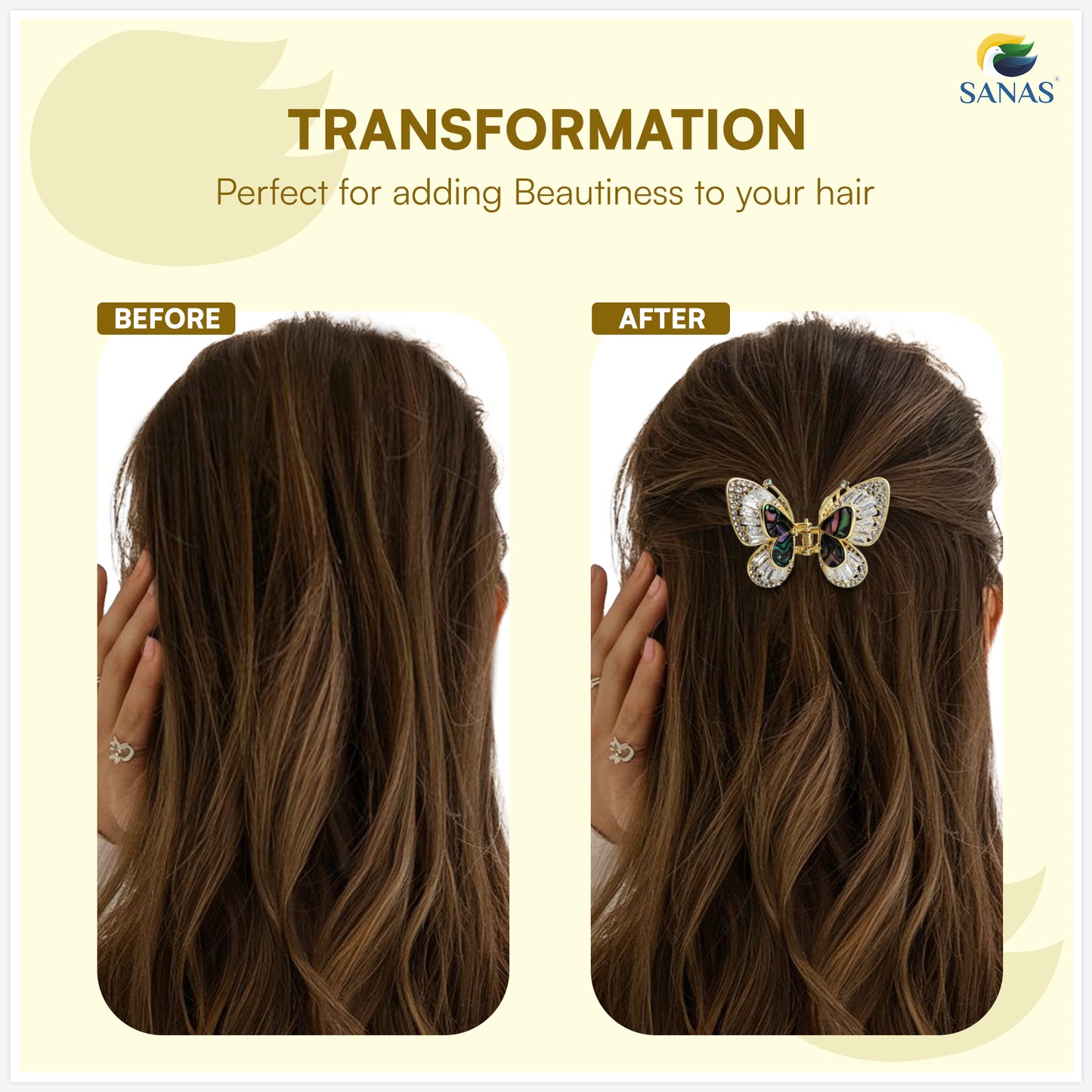 Golden butterfly hair accessory with sparkling rhinestones