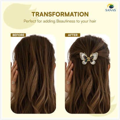 Golden butterfly hair accessory with sparkling rhinestones