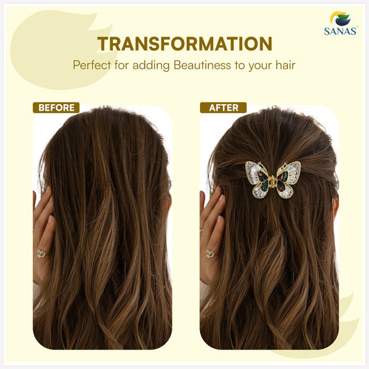Golden butterfly hair accessory with sparkling rhinestones