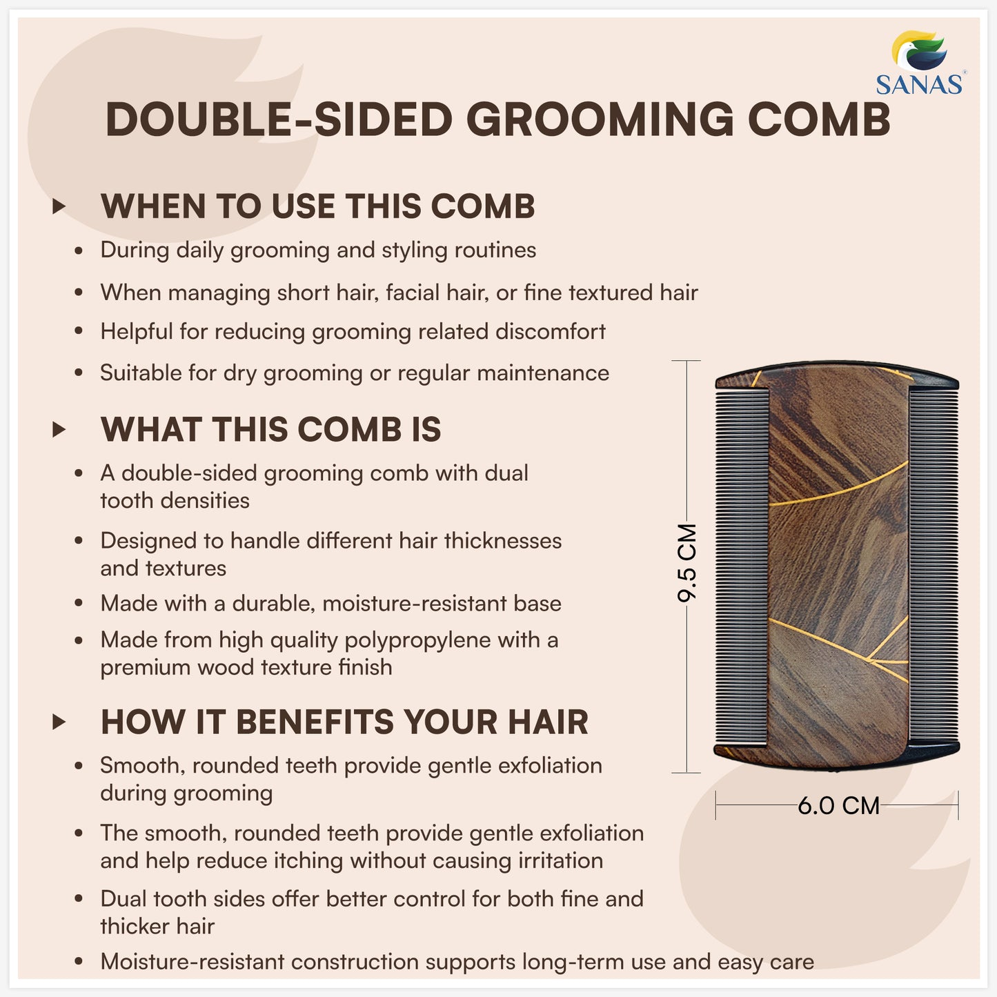 Sanas Comb Set For Women (7Pcs) Wood-Like Plastic Wooden Comb