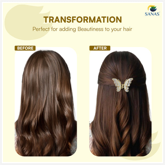 Before and after comparison of hair with a butterfly hair accessory, featuring the brand 'SANAS'.