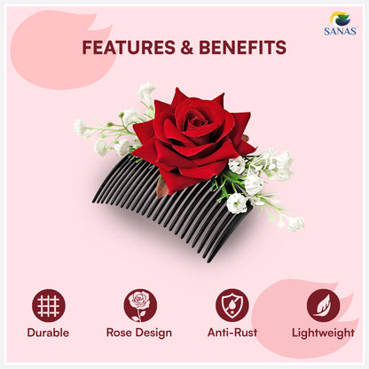 Wedding hair accessory for bride featuring red rose hair comb