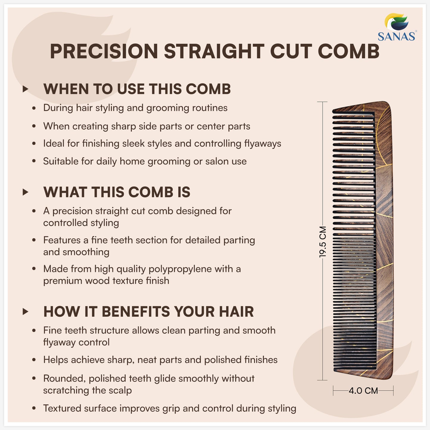 Sanas Comb Set For Women (7Pcs) Wood-Like Plastic Wooden Comb