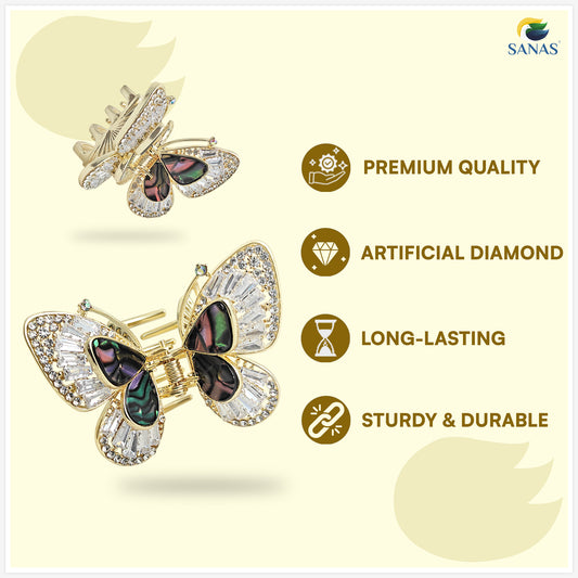 Sanas Butterfly Crystal Hair Clutcher for Women Golden Rhinestone Butterfly Claw Clip 1PC