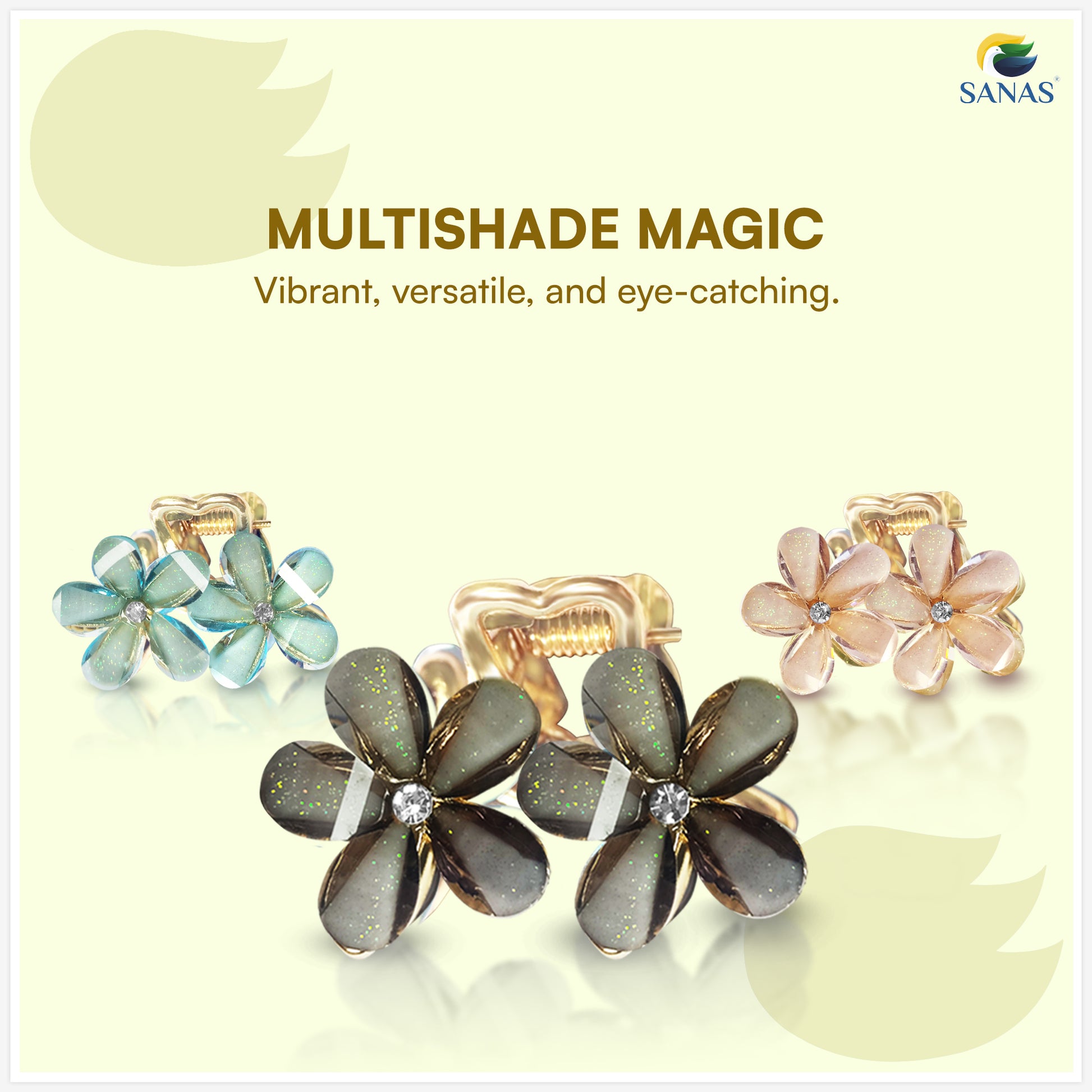 Flower-shaped earrings in various colors with 'SANAS' branding.