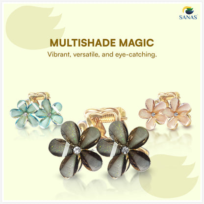 Flower-shaped earrings in various colors with 'SANAS' branding.