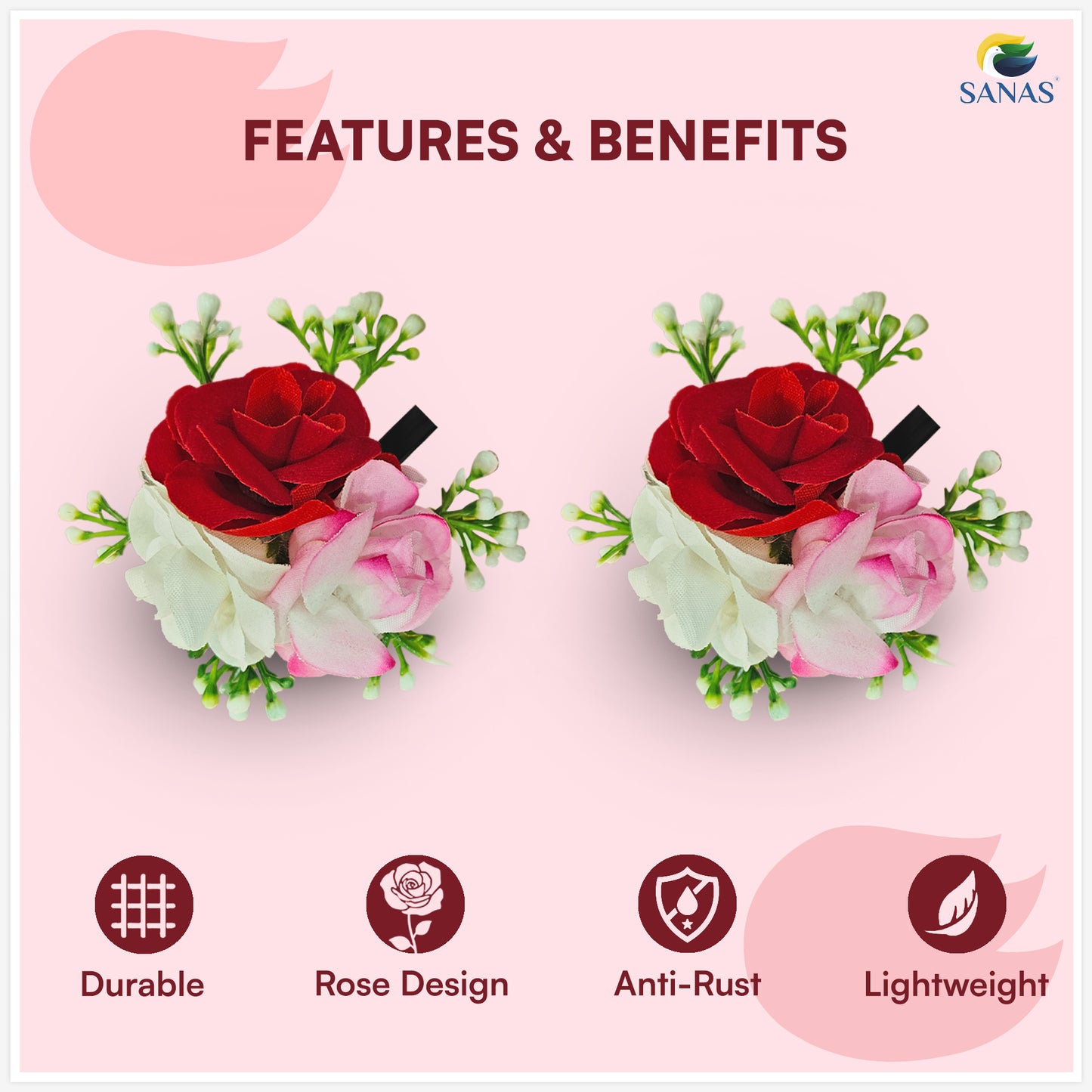 Sanas (2Pcs) Rose Clips For Women Stylish Artificial Flower For Hair Accessories For Woman Wedding Alligator Hair Clips For Girls Hair Flower Accessories For Women (Fancy Red, Pink, White Rose) (2Pcs)
