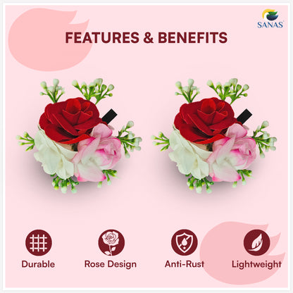 Sanas (2Pcs) Rose Clips For Women Stylish Artificial Flower For Hair Accessories For Woman Wedding Alligator Hair Clips For Girls Hair Flower Accessories For Women (Fancy Red, Pink, White Rose) (2Pcs)