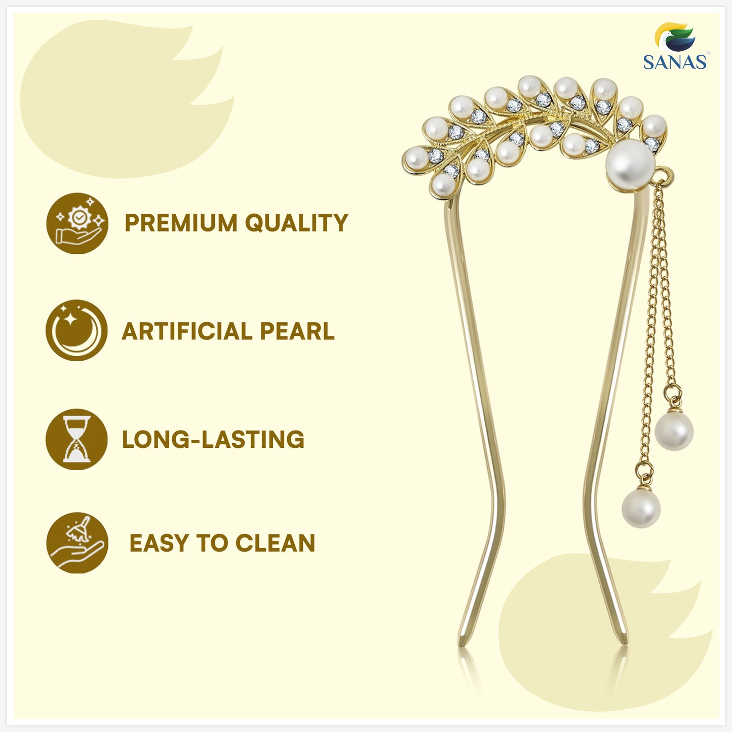 Sanas  Leaf Shape Pearl U Pin For Hair Styling Juda Pin Bun Accessories 1Pc Golden