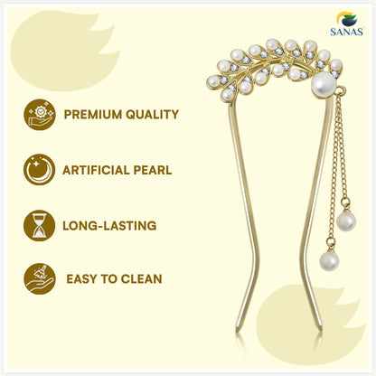 Sanas  Leaf Shape Pearl U Pin For Hair Styling Juda Pin Bun Accessories 1Pc Golden