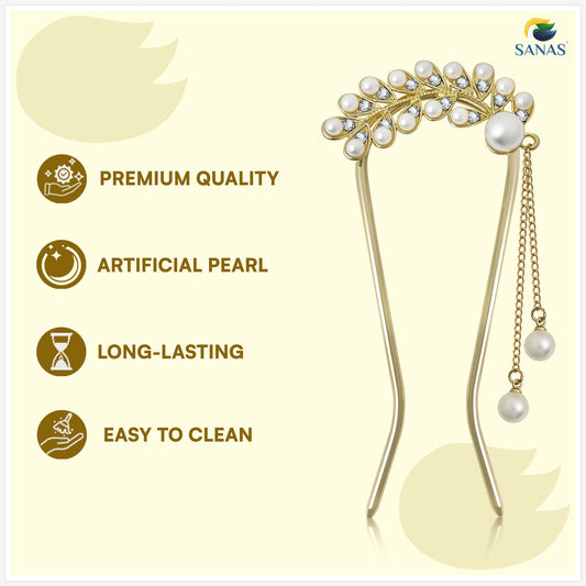 Sanas  Leaf Shape Pearl U Pin For Hair Styling Juda Pin Bun Accessories 1Pc Golden